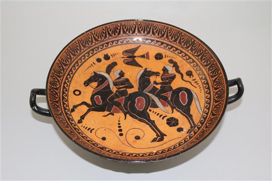 A Greek attic style kylix, a 19th century reproduction, 28cm, repairs